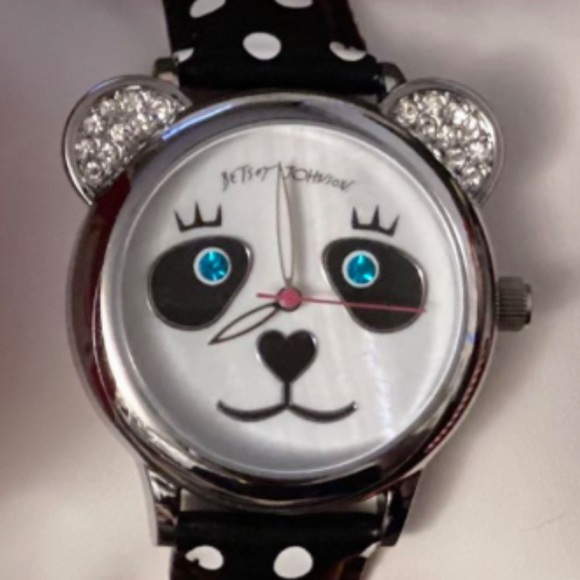 Betsey Johnson Panda Watch Black and White Polka Dot Leather Band New Condition - Picture 2 of 6